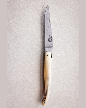 Folding Knife Full Handle Light Horn - Damascus Steel Blade - Double Plates Chiselled Top and Bottom