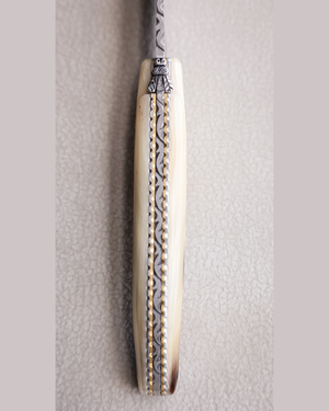 Folding Knife Full Handle Light Horn - Damascus Steel Blade - Double Plates Chiselled Top and Bottom