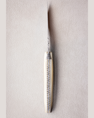 Folding Knife Full Handle Light Horn - Damascus Steel Blade - Double Plates Chiselled Top and Bottom