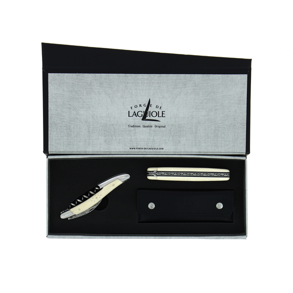 Duo Gift Set - Heart Mammoth Ivory - Corkscrew and 12cm Folding Knife - Hand Chiselled Bee