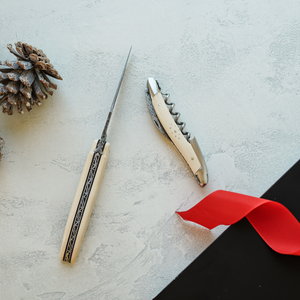 Duo Gift Set - Heart Mammoth Ivory - Corkscrew and 12cm Folding Knife - Hand Chiselled Bee
