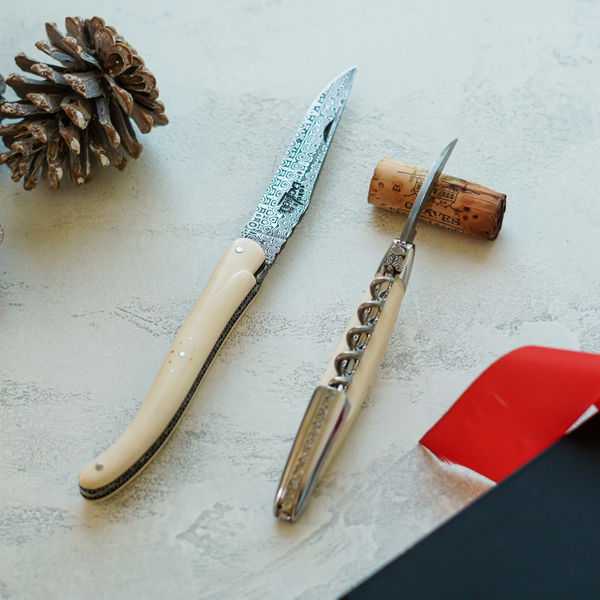Duo Gift Set - Heart Mammoth Ivory - Corkscrew and 12cm Folding Knife - Hand Chiselled Bee