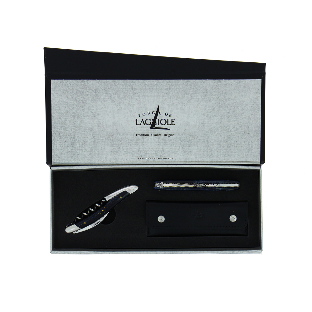 Duo Gift Set - Black stabilized Camel Bone - Corkscrew and 12cm Folding Knife - Hand Chiselled Bee