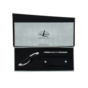 Duo Gift Set - Black stabilized Camel Bone - Corkscrew and 12cm Folding Knife - Hand Chiselled Bee
