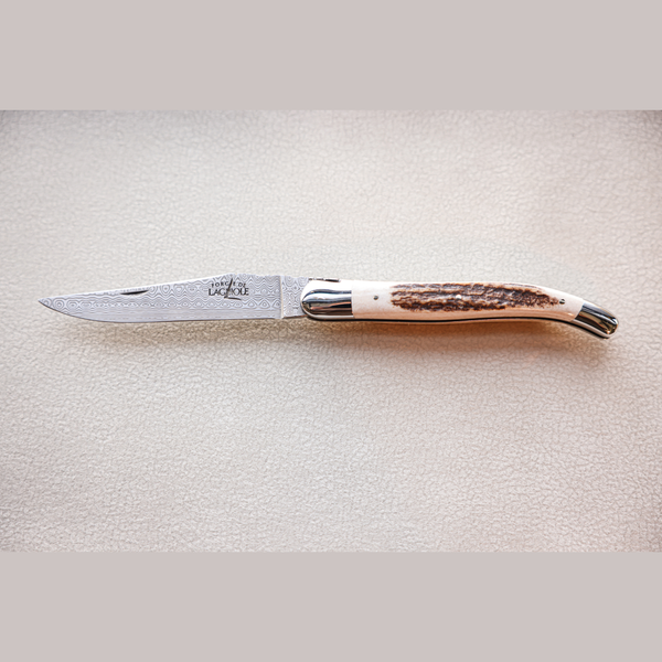 Folding Knife Deer Antler - Damascus Steel Blade