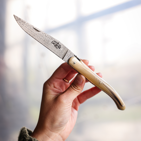 Folding Knife Full Handle Light Horn - Damascus Steel Blade - Double Plates Chiselled Top and Bottom